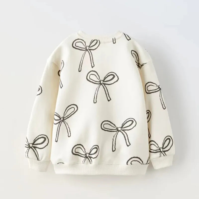 Kids Girl Sweatshirt Childish Flower Bow Print Round Neck Cotton Sweatshirts Autumn Winter Long Sleeve T-Shirt Children Clothes