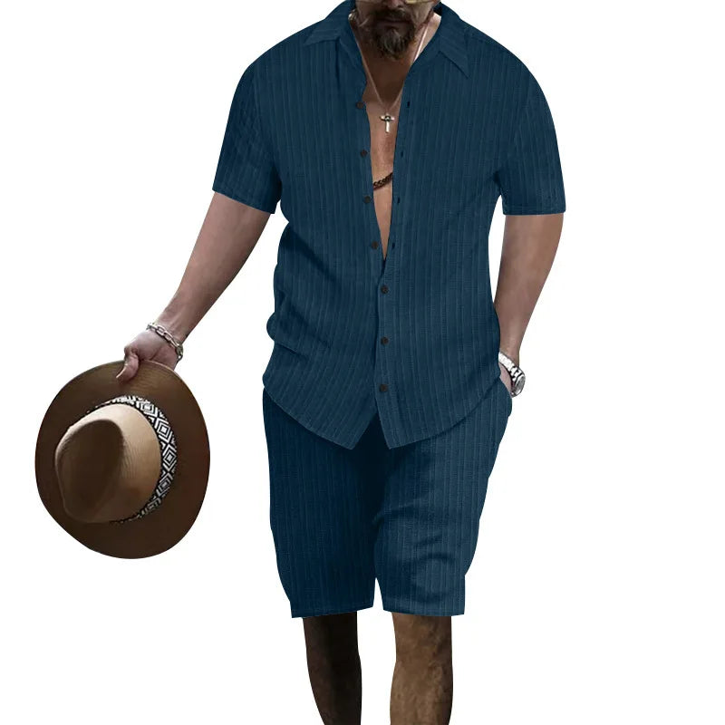 Summer European and American Style Men's Clothing Short Sleeve Cardigan Suit Men's Casual Loose Short Sleeves Shorts Beach Suit