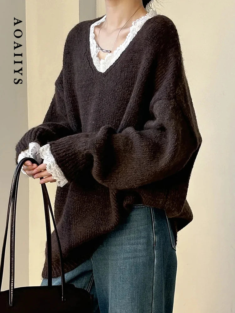 Aoaiiys Sweaters Women V Neck Lace Spliced Pullovers Vintage Chic Knitted Jumpers Autumn Winter New Comfortable Loose Sweaters