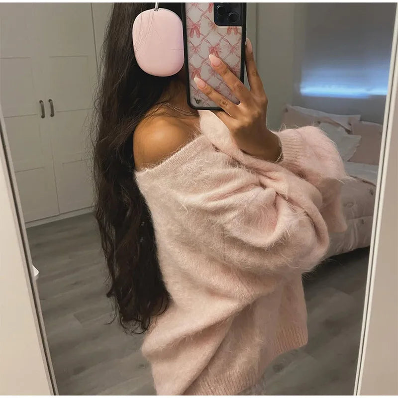 Women Solid Off Shoulder Pullover Fashion Classic Full Sleeve Loose Knitted Mohair Knitwear Lady High Street Autumn Sweaters