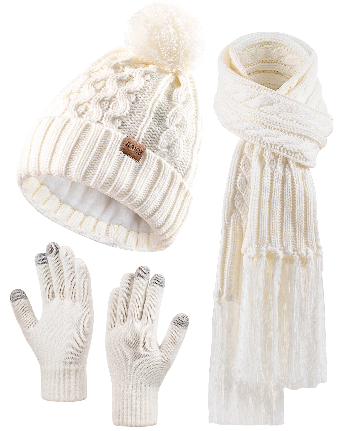 Women Winter Knit Beanie Hat+Touchscreen Gloves+Long Scarve 3 in 1 Set Gift for Women Girls