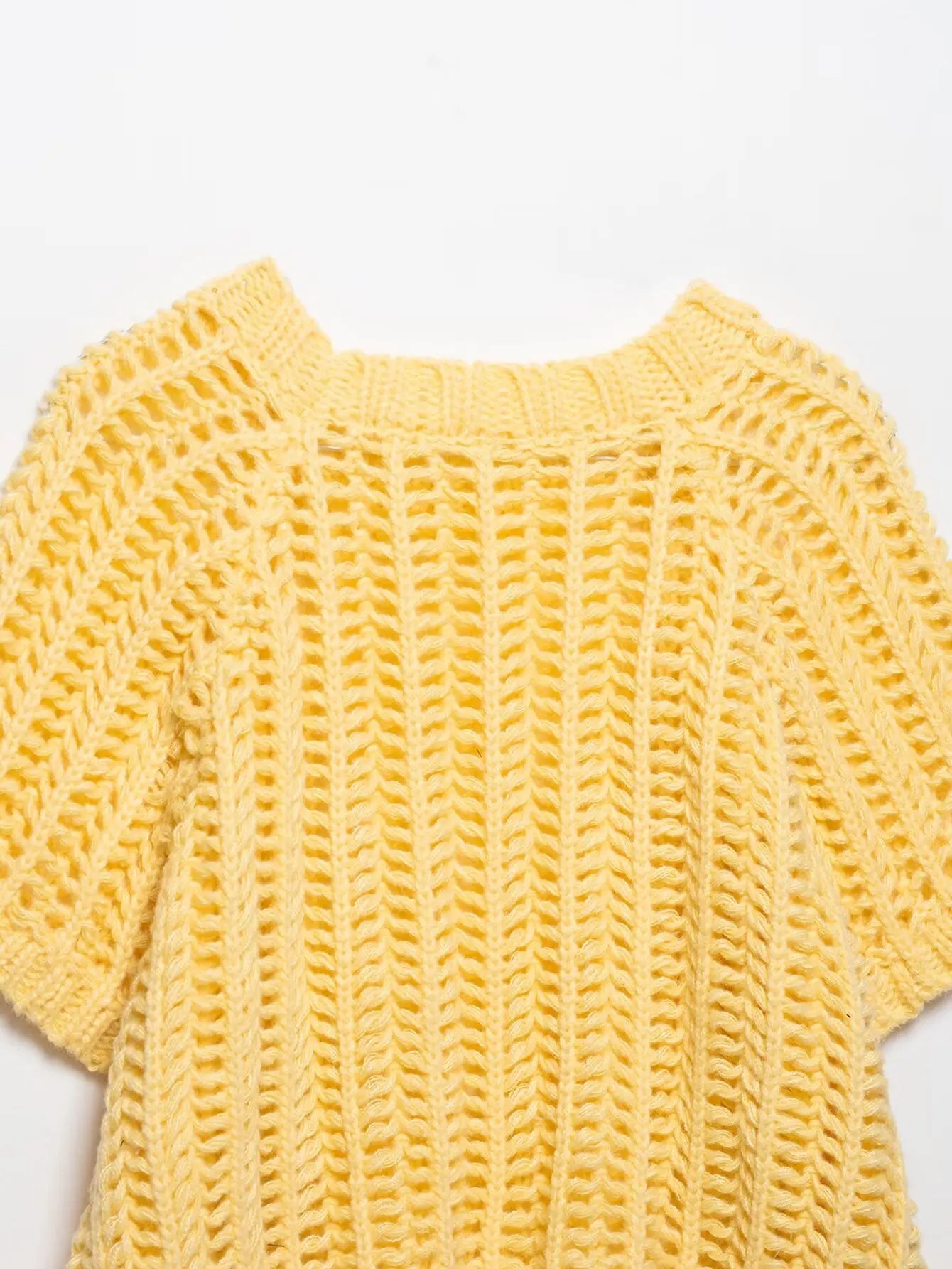 Hollow Out Knit Pullover Women Casual Round Neck Lace Up Bow Sweater Female Autumn Short Sleeves Solid Knitwears Lady