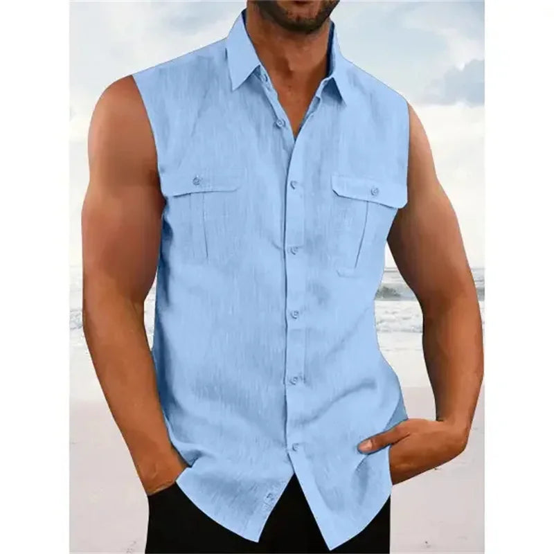 New Men's Sleeveless Shirt Summer Solid Color Comfort Casual Collar Beach Style Plus Size Men's Shirt