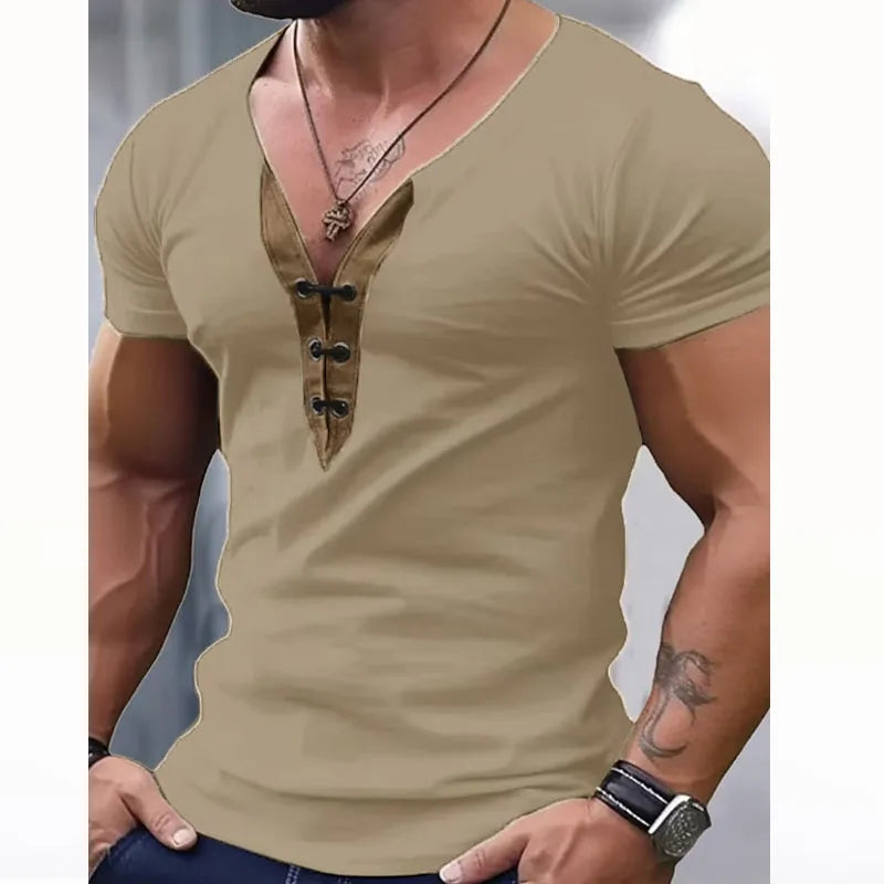 Classic Top Mens Vintage V Neck Drawstring Patchwork T Shirt Casual Short Sleeve Slim Fit Men T-Shirts Summer Leisure Pullovers