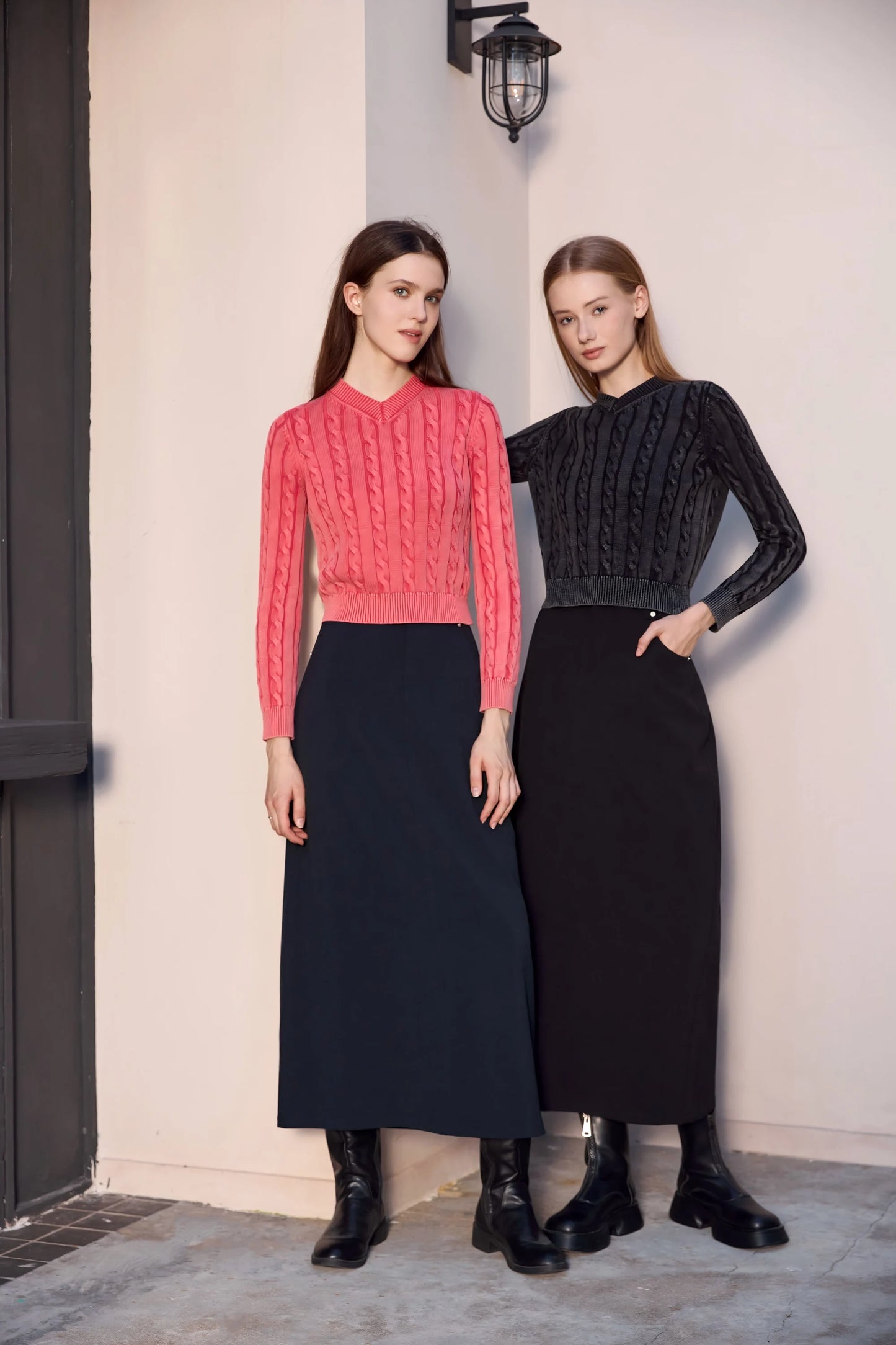 AP 2026 Women Washed Sweater Autumn and Winter Cable Sweater Stretch Skirt and Fashion Leather Skirt