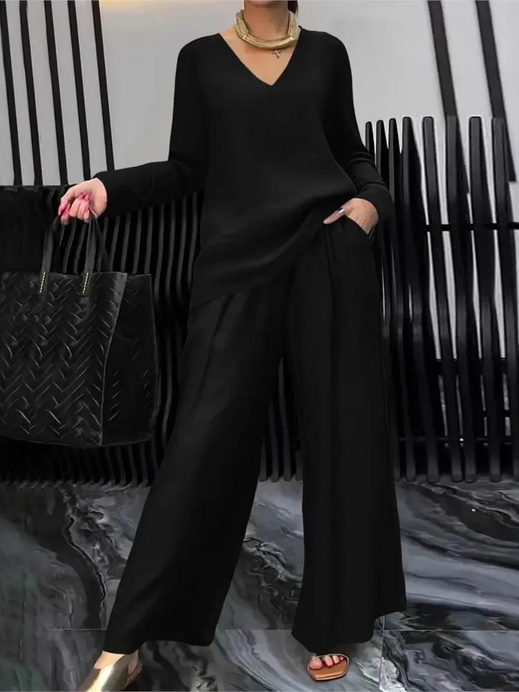 Solid Color Casual V-neck Trousers Women's 2piece Set Spring Autumn New Fashion Pocket Straight Trousers Female Office Suit 2025
