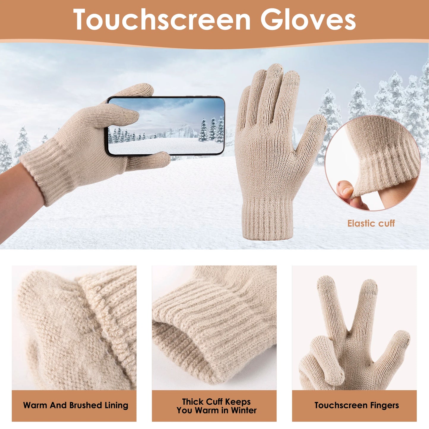 Women Winter Knit Beanie Hat+Touchscreen Gloves+Long Scarve 3 in 1 Set Gift for Women Girls