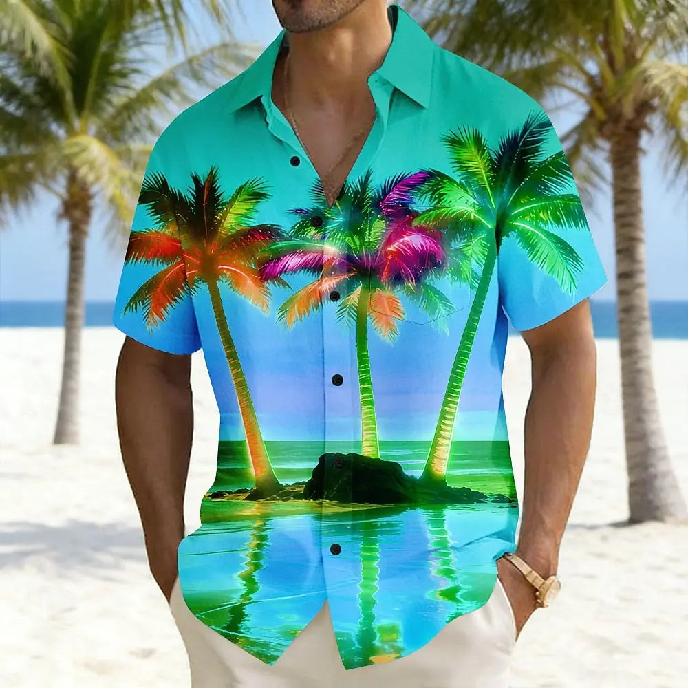 2026 Men's Coconut Tree Landscape Neon Glow Shirts Hawaiian Shirt Aloha Shirt Short Sleeve Vacation Summer Front One Pocket
