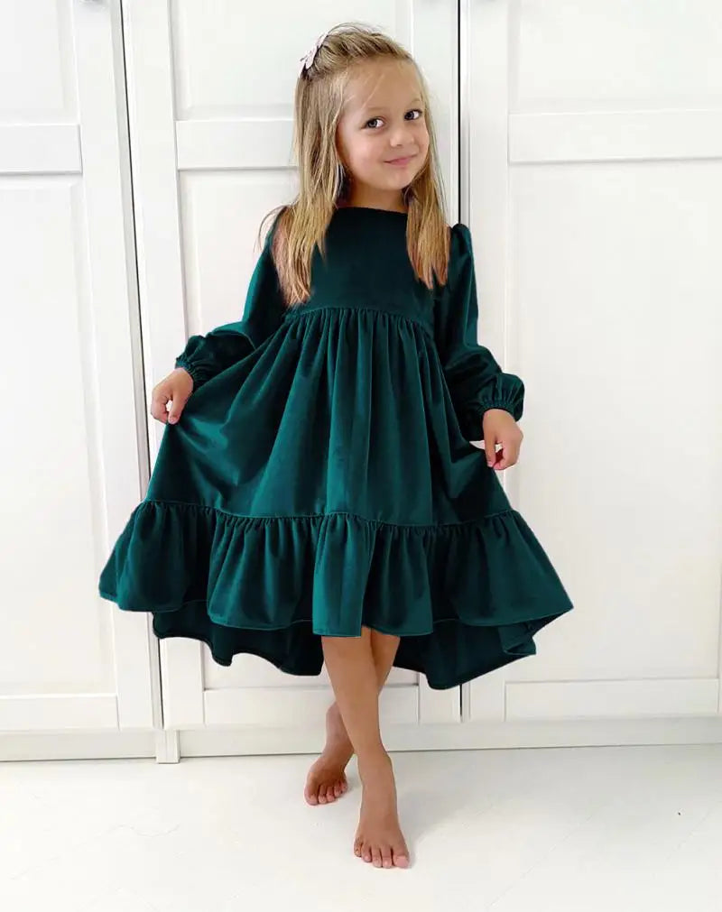 New 7-12 years Girls Spring Autumn Winter Velvet Long Sleeve Ruffle Hem Dress Princess Kids Party Dressess Children Clothing