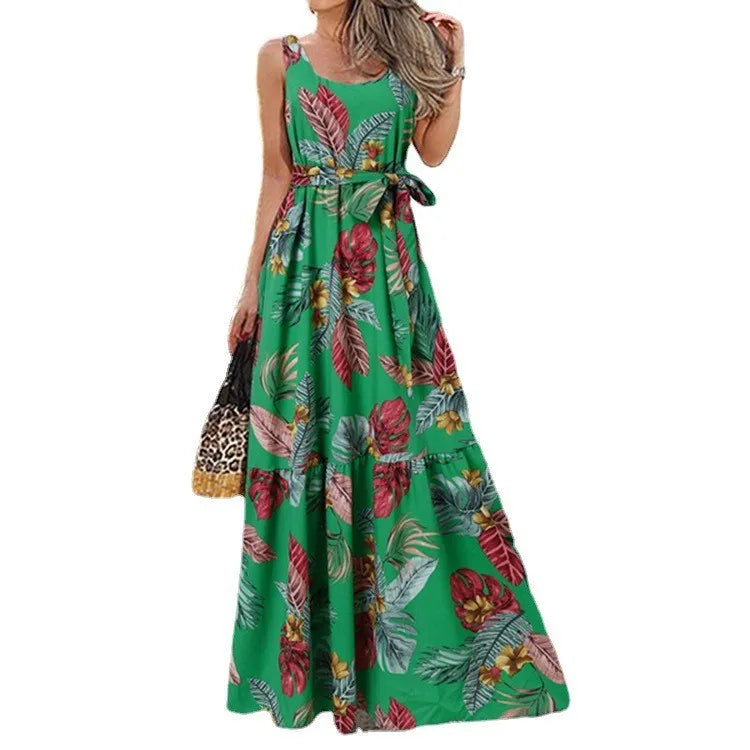 Summer Flower Print Sleeveless Long Dresses Women Elegant Casual Vacation Style Dress O Neck High Waist Leace-up Maxi Vestidos