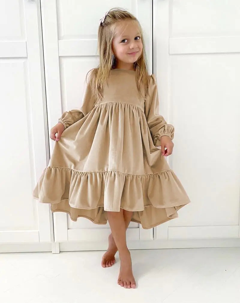 New 7-12 years Girls Spring Autumn Winter Velvet Long Sleeve Ruffle Hem Dress Princess Kids Party Dressess Children Clothing