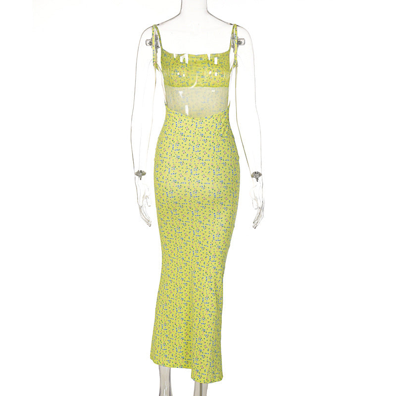 Women Elegant Dress Sexy Spaghetti Strap Sleeveless Backless Slim Fit Floral Printed Long Dresses Summer Bodycon Dress Y2K