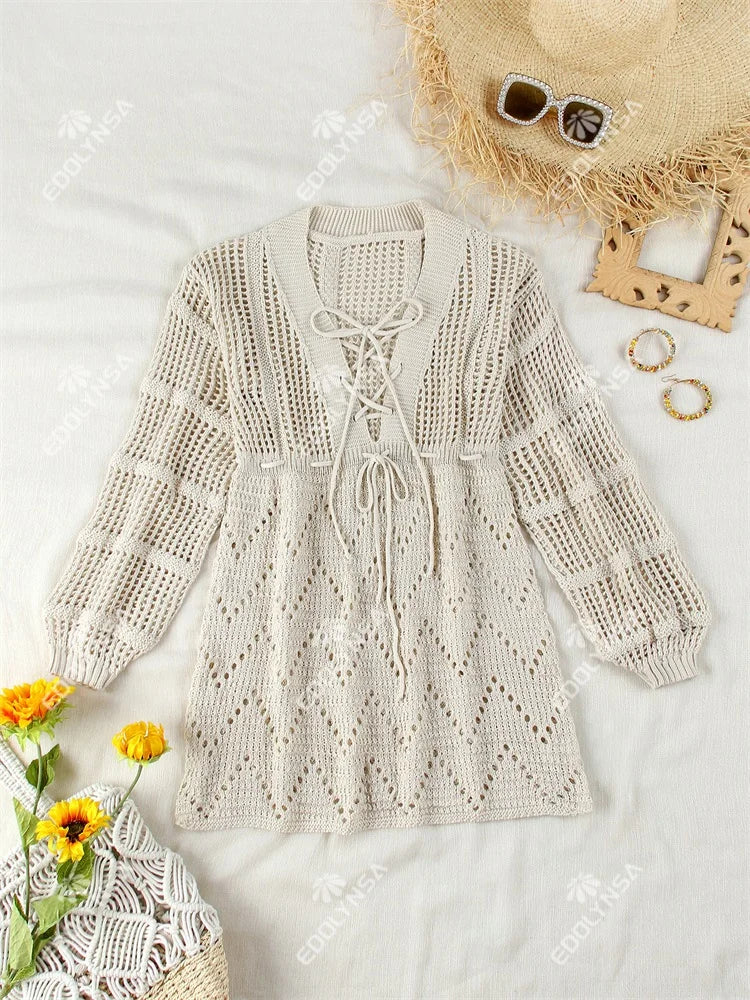 Sexy Deep V-neck Lace-up Bell Sleeve Knit Mesh Hollow Out Beach Mini Dress 2025 Summer Swimsuit Cover Up Women Casual Tunic K14