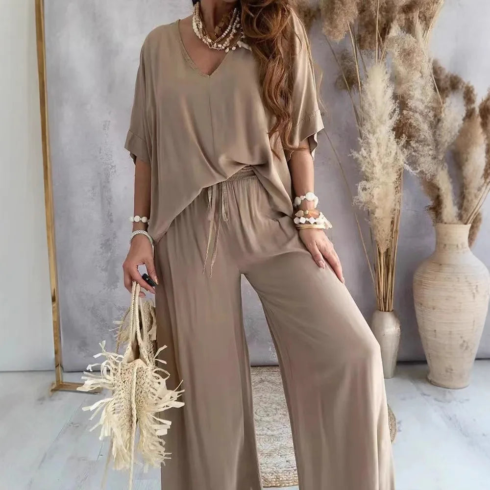 Loose Women Sets 2 pcs Sale V Neck Short Sleeve Blouse Shirts& High Waist Wide Leg Vacation Beachwear Pant Suits NMD-3032