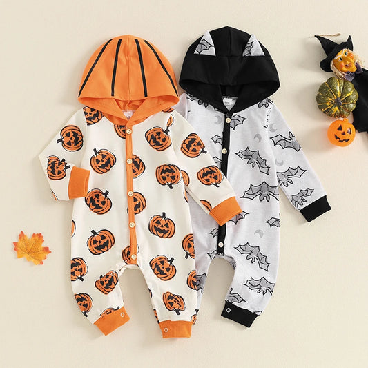 2024-05-23 Lioraitiin Baby Girl Boy Halloween Romper Bat Print Long Sleeve Full Length Hooded Jumpsuit for Fall