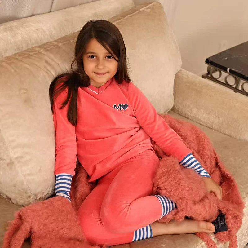 Children's pajamas family matching blue and pink set girls dress baby boy and girls romper autumn winter clothes stripes trims