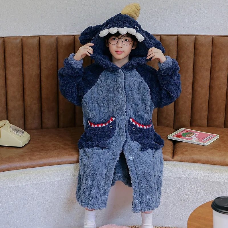 Kids Winter Bathrobe Thicken Warm Home Robe Baby Homewear Animal Dinosaur Cartoon Bathrobe For Children Hooded Gilrs Boys Robe