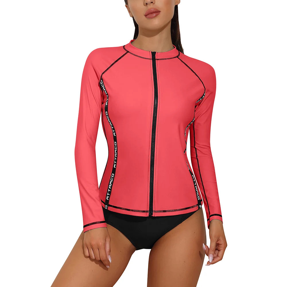 Anfilia Rash Guard for Women Long Sleeve Zipper Front Swim Shirt UPF 50 Swimming Shirt Top