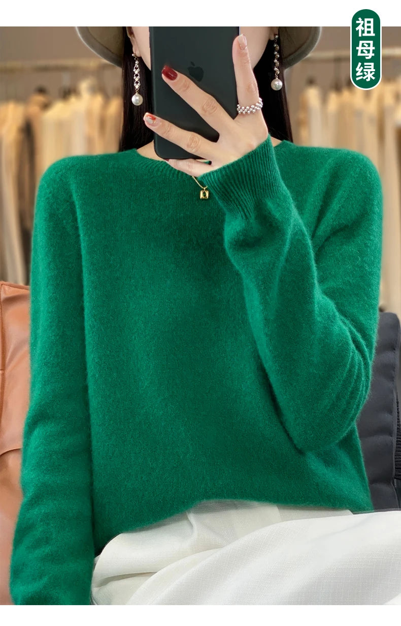 100% Merino Wool Sweater Women O-neck Cashmere Knitwear Female Pullover Autumn Winter Casual Tops Solid Color Soft  Clothing