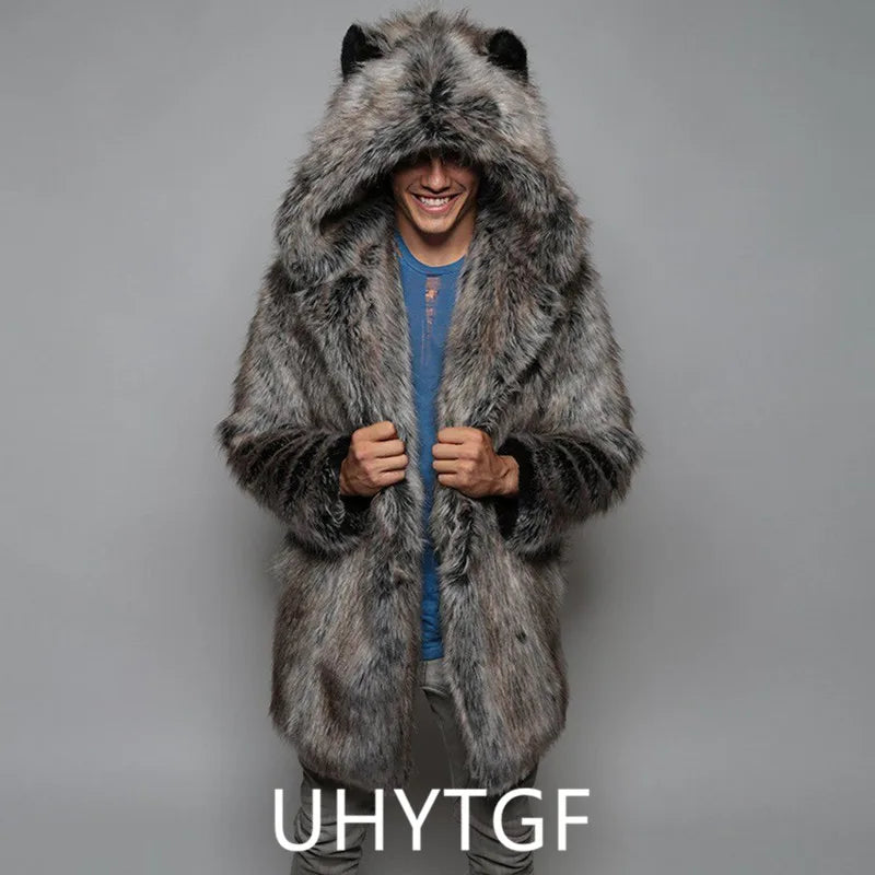 Men's Faux Fur Coat Long Sleeve Hooded Thick Warm Jackets Male Plush Fluffy Cardigan Casual Parka Snow Wear Winter Fur Coat 512