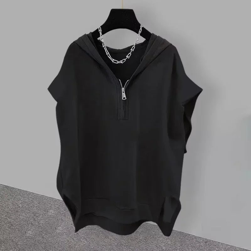 Summer Zipper Hooded Sleeveless T-shirt Men's Korean Fashion Tank Tops 2026 New Y2K Streetwear Casual Vests Hip Hop Tee Shirts