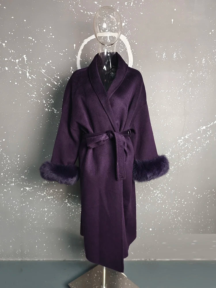 UCXQ Elegant OL Office Lady Overcoats Fur Patchwork Long Sleeve Woolen Coat Beautiful Women's Clothing Jacket Autumn 2025 Winter