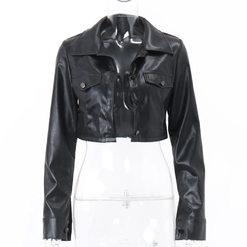 WhereMery Faux Leather Short Jacket Y2K Turn-down Collar Fashion Botton Decoration PU Coat 2022 Grunge Street Casual Women Coats