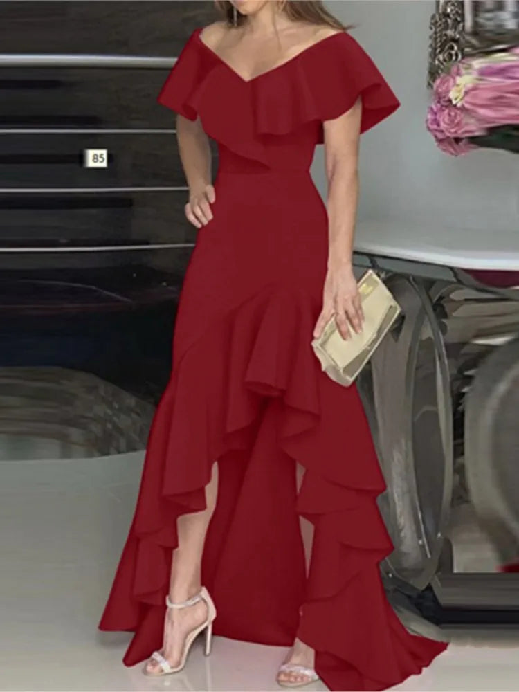 Fashion Evening Dresses Sexy V-Neck Elegant Party Irregular Solid Color Hem Ruffle Women Maxi Dress Short Sleeve Floor Length