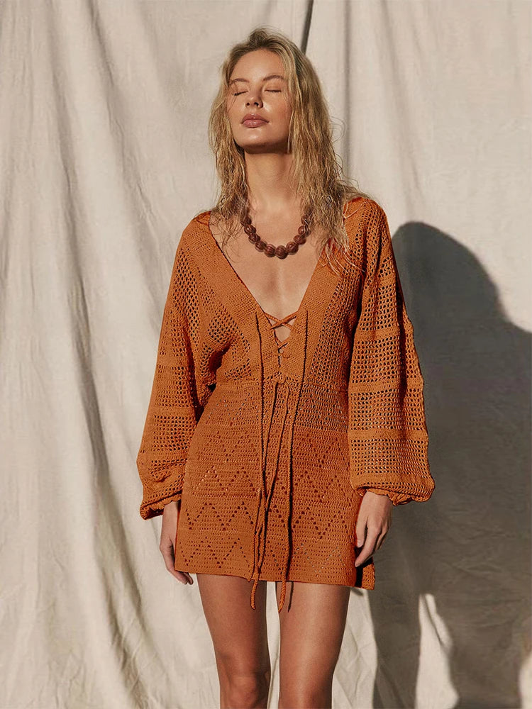 Sexy Deep V-neck Lace-up Bell Sleeve Knit Mesh Hollow Out Beach Mini Dress 2025 Summer Swimsuit Cover Up Women Casual Tunic K14