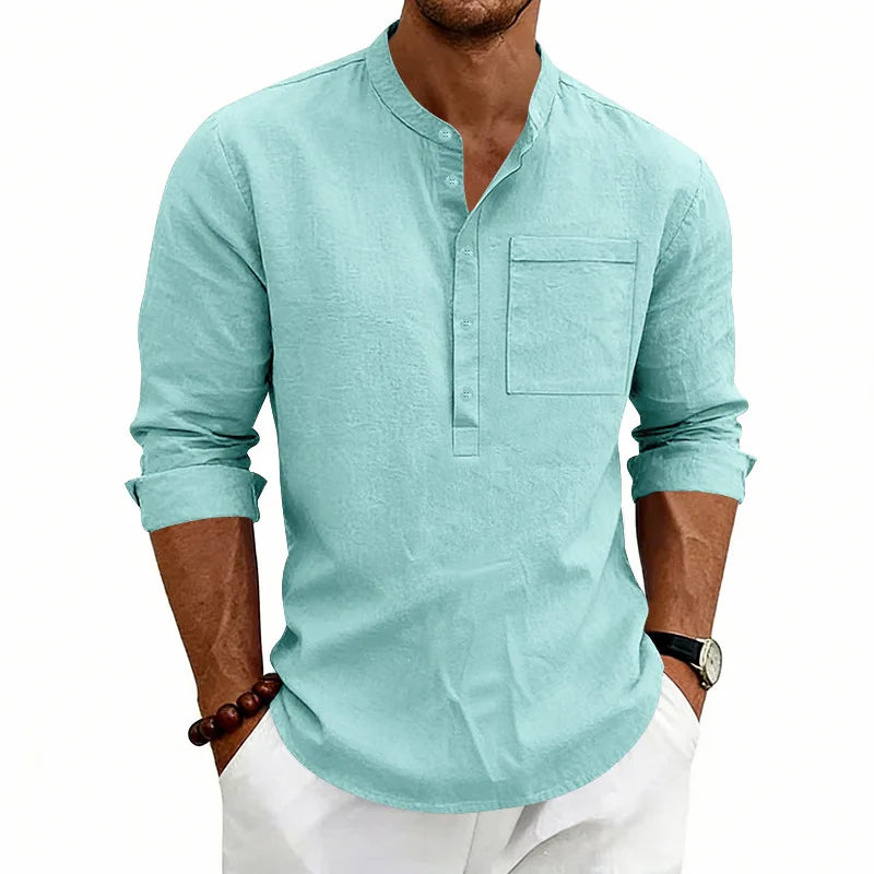 Summer Men's Linen Henry Long Sleeve T-Shirt  European and American Woven Solid Color Casual Polo Shirt