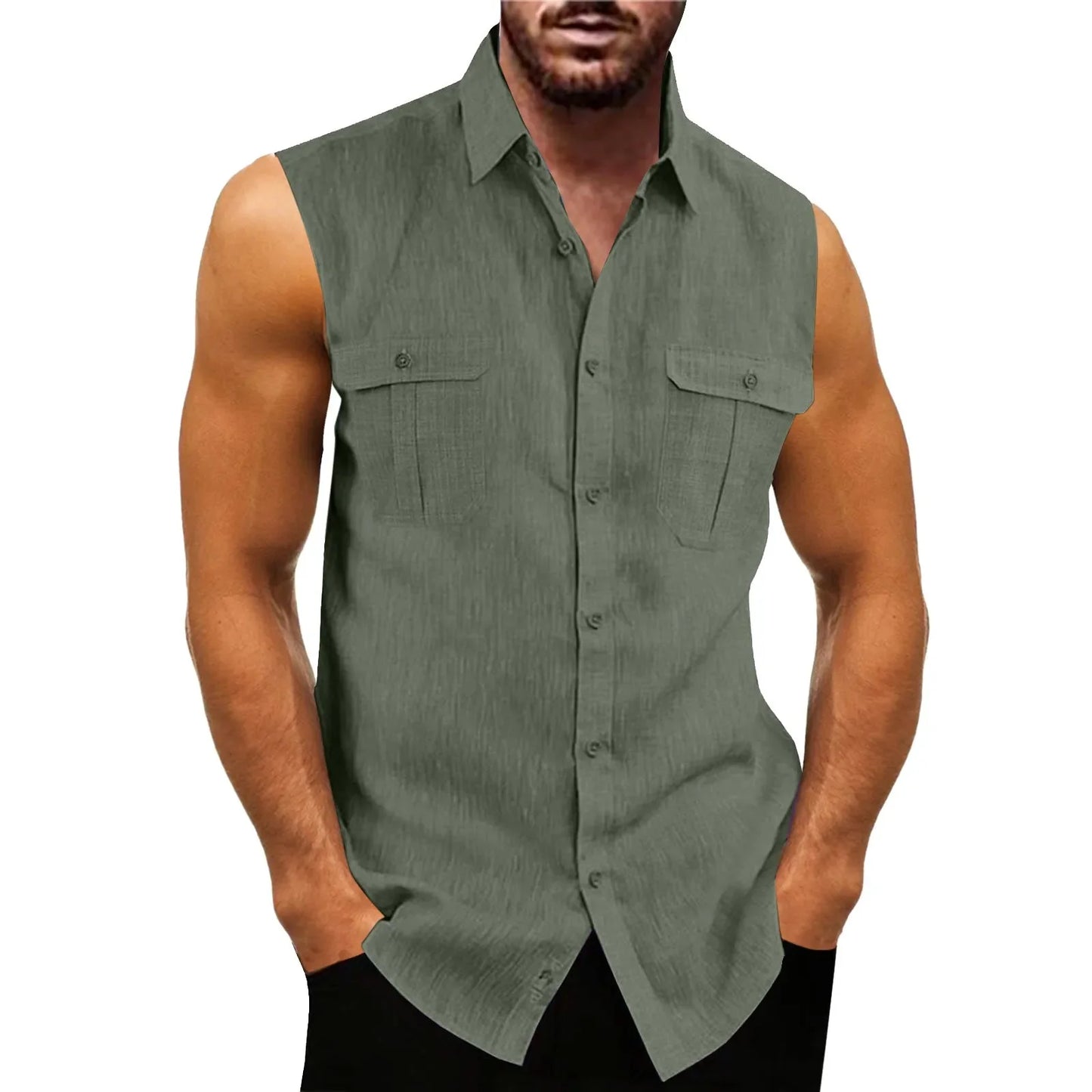 New Men's Shirts Vest Summer Cotton Linen Tops Solid Color Cardigan Sleeveless Loose Lapel Handsome Men's Shirts Casual Blouse