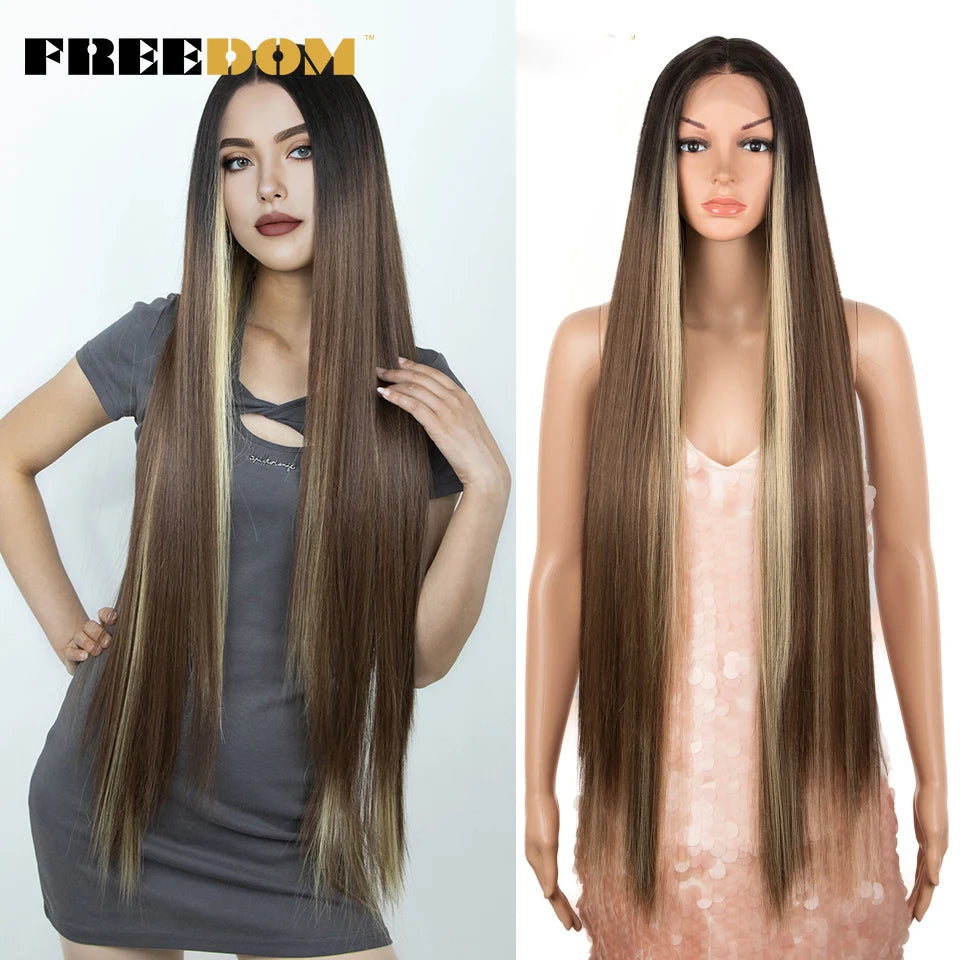 FREEDOM Synthetic Lace Front Wigs For Women Straight Hair Synthetic Lace Wigs 38 Inch Ombre Long Cosplay Wigs Blonde Pink Wig