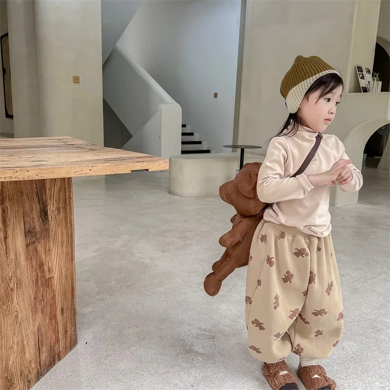 Winter Boys and girls cartoon bears inner fleece sweatpants Children thicken warm loose Trousers