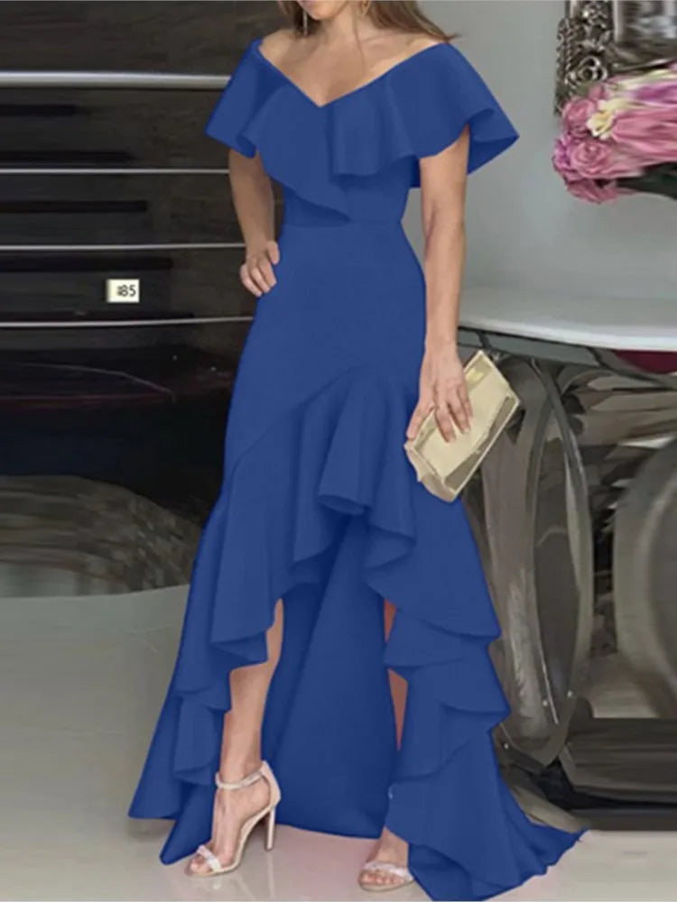 Fashion Evening Dresses Sexy V-Neck Elegant Party Irregular Solid Color Hem Ruffle Women Maxi Dress Short Sleeve Floor Length