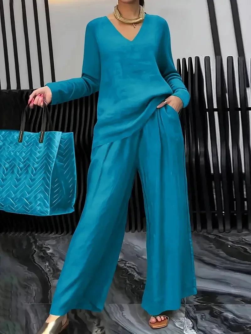 Solid Color Casual V-neck Trousers Women's 2piece Set Spring Autumn New Fashion Pocket Straight Trousers Female Office Suit 2025