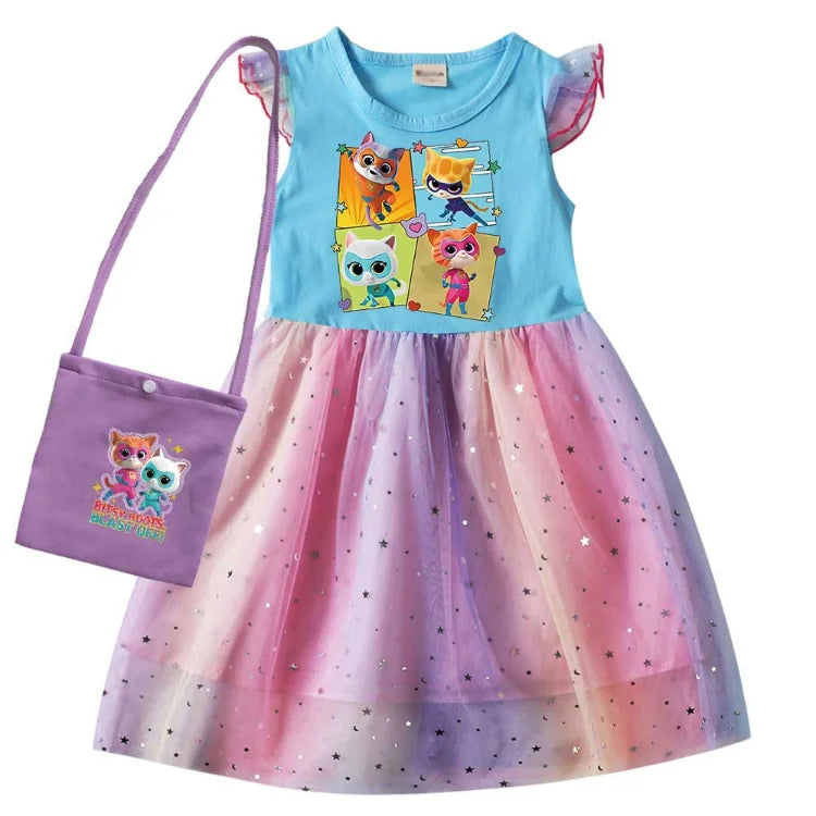 children SuperKitties Costume kids Cosplay Super Kitties clothes for Girls Flying Sleeves A-Line Dress with Bag and Headband