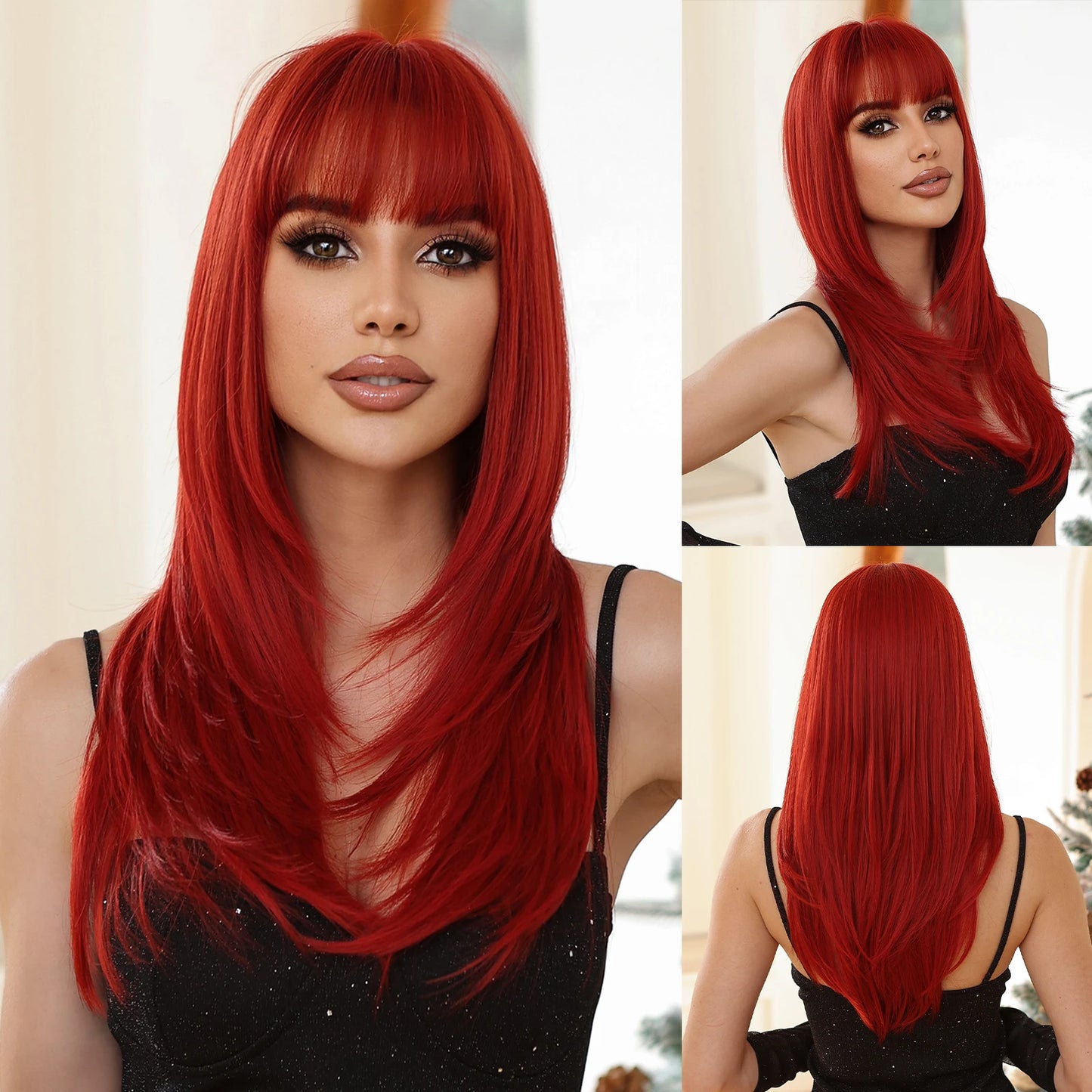 LOUIS FERRE Black Pink Ombre Synthetic Wigs for Cosplay Long Straight Layered Wigs with Bangs for Women Heat Resistant Fake Hair
