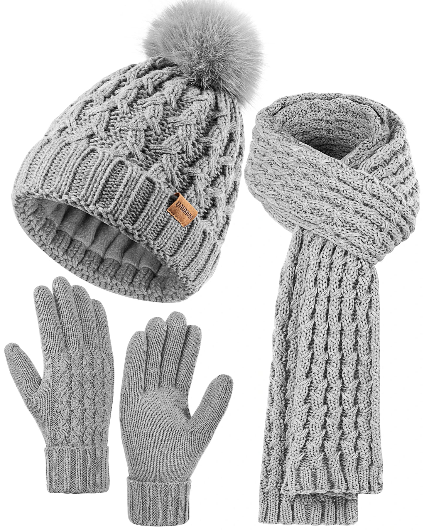 Womens Winter Beanie Hat Touchscreen Gloves Long Neck Scarf Set Warm Knit Caps