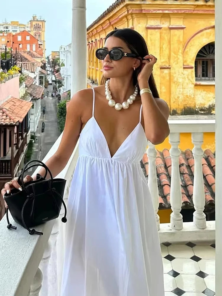 Women's Backless Midi Dress Waistband V Neck Solid Pullover High Waisted Loose Fitting Camisole A-line Skirt New Chic Dress