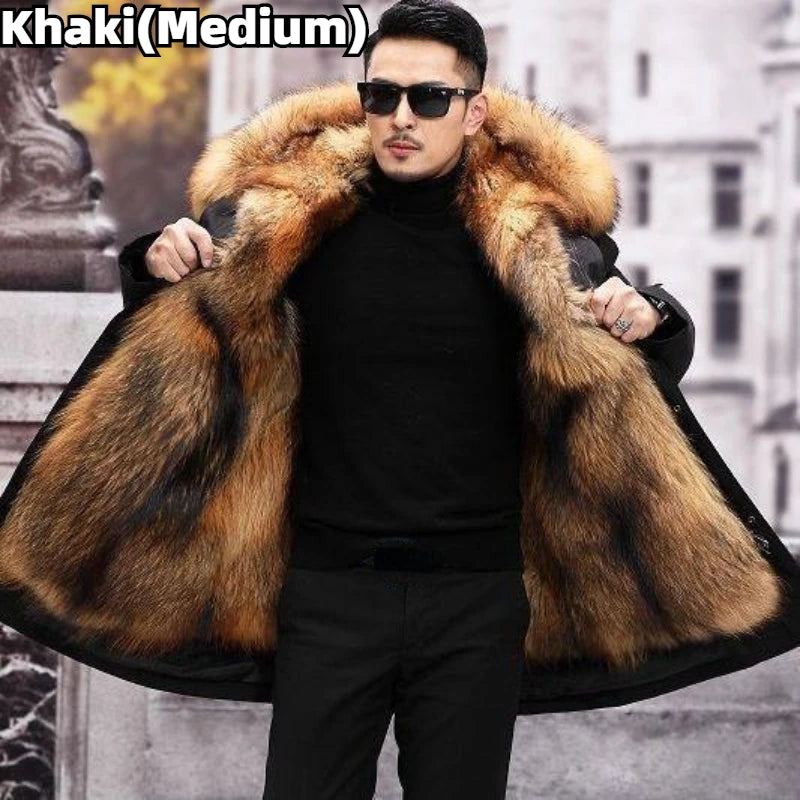 Faux Fur Coat Loose OverCoat Thick Warm Men Plush Coats Fox Hair Inner Liner Detachable Collar Long Fur Parkas Fur Jacket