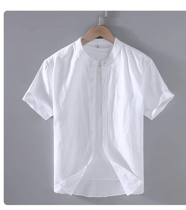 Men's Cotton Linen Short-Sleeved Shirt Summer Streetwear Plain Color Stand Collar Casual Beach Style plus Size M-3XL
