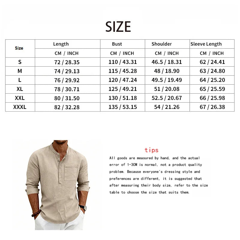 Summer Men's Linen Henry Long Sleeve T-Shirt  European and American Woven Solid Color Casual Polo Shirt