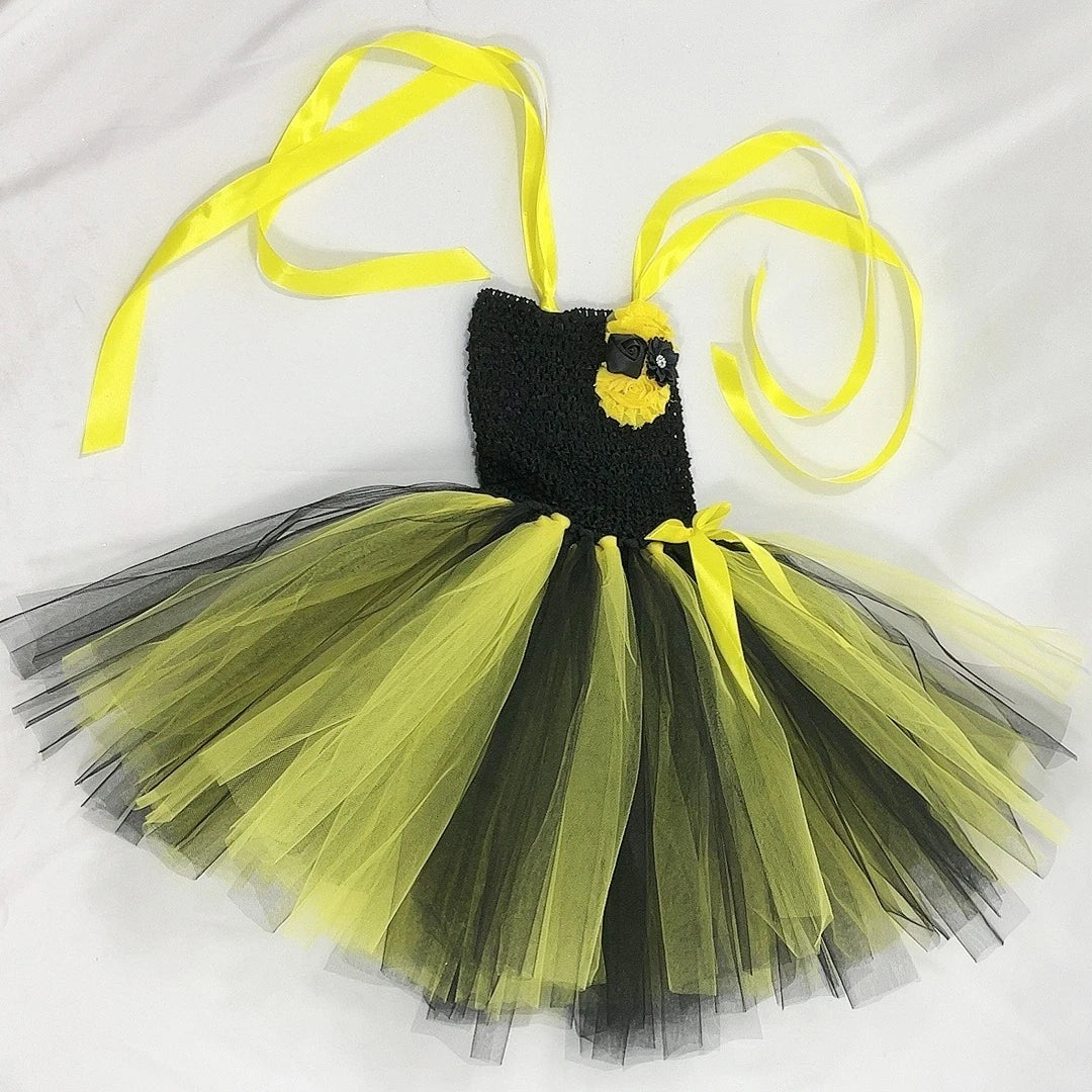 Bumble Bee Tutu Dress for Baby Girls Birthday Outfit Halloween Costume for Kids Honeybee Cosplay Dresses with Wing Headband Set