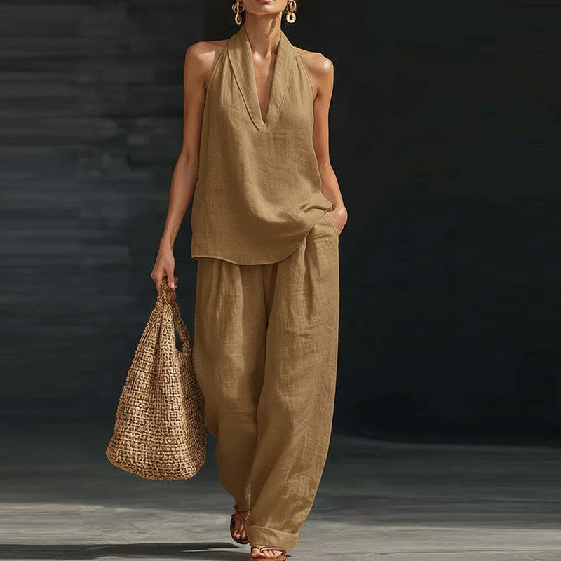 Summer Women Sleeveless Shirt Halter Vest High Waist Pocket Loose Pants Suit Women Casual Two Piece Female Loungewear Ses