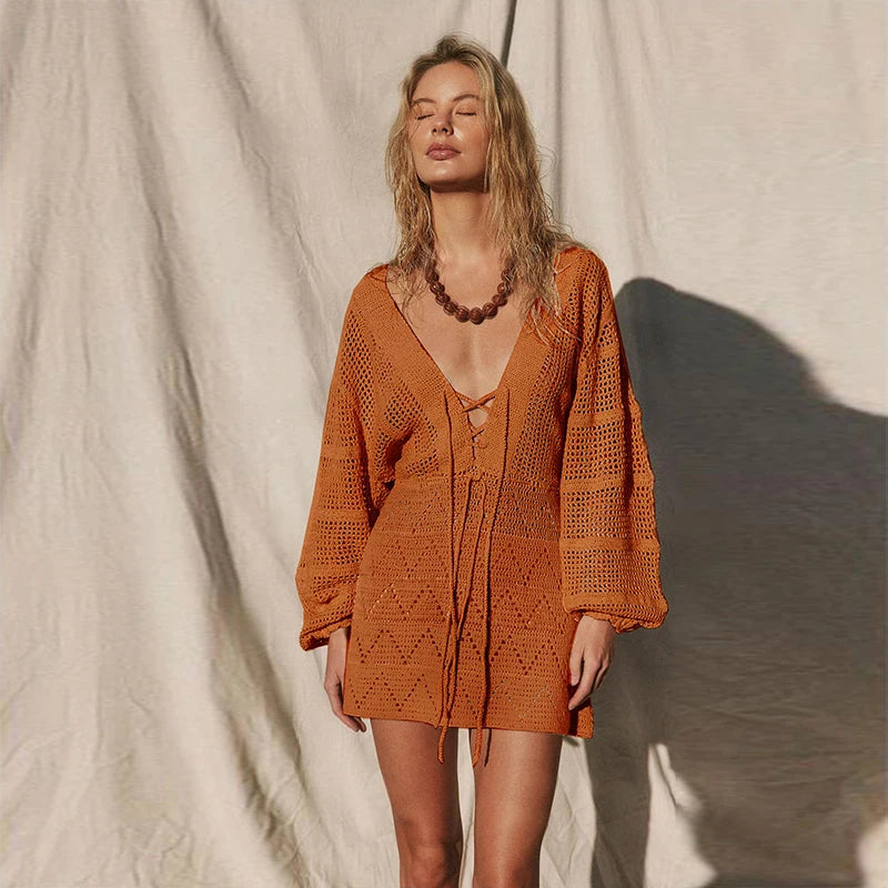 Sexy Deep V-neck Lace-up Bell Sleeve Knit Mesh Hollow Out Beach Mini Dress 2025 Summer Swimsuit Cover Up Women Casual Tunic K14