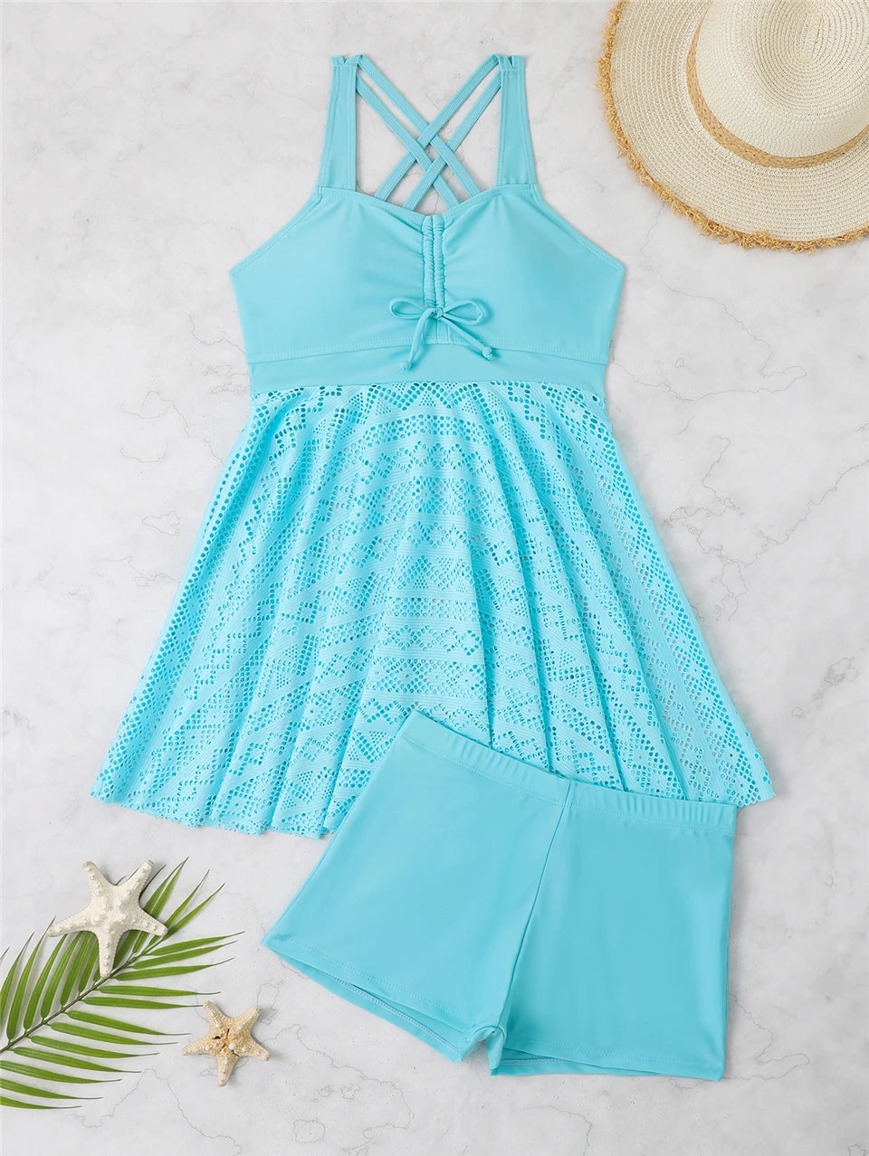 2 Pieces Front Drawstring Swimwear 2024 Women Hollow Out Swimsuit Beach Skirt Solid Tankini Female Bathers Swimming Beach Wear