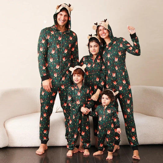 Christmas Gift Mother Father Kids Matching Outfits Cute Deer Ear Hooded Romper Overall Soft Loose One-Piece Pajamas Family Look