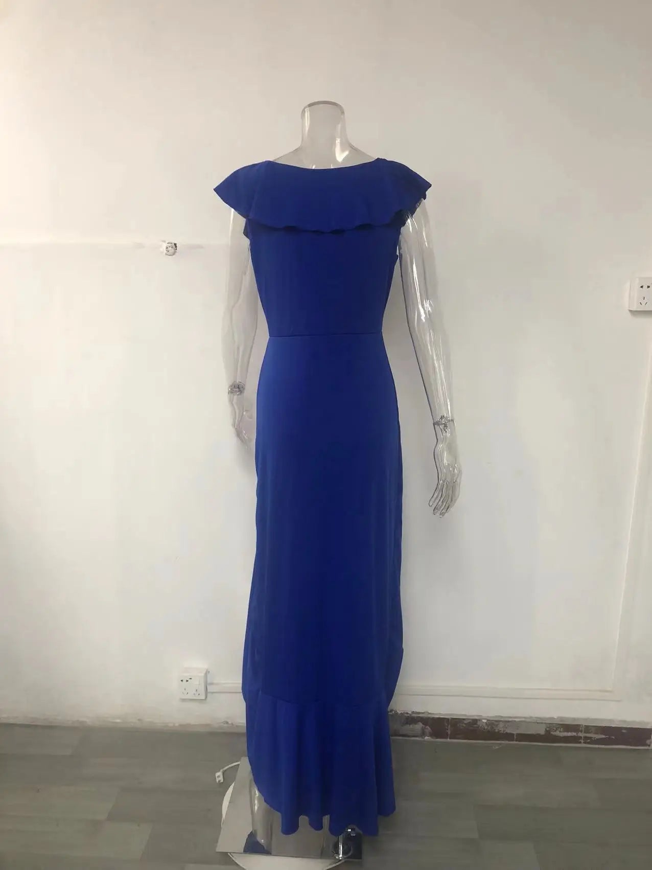 Fashion Evening Dresses Sexy V-Neck Elegant Party Irregular Solid Color Hem Ruffle Women Maxi Dress Short Sleeve Floor Length