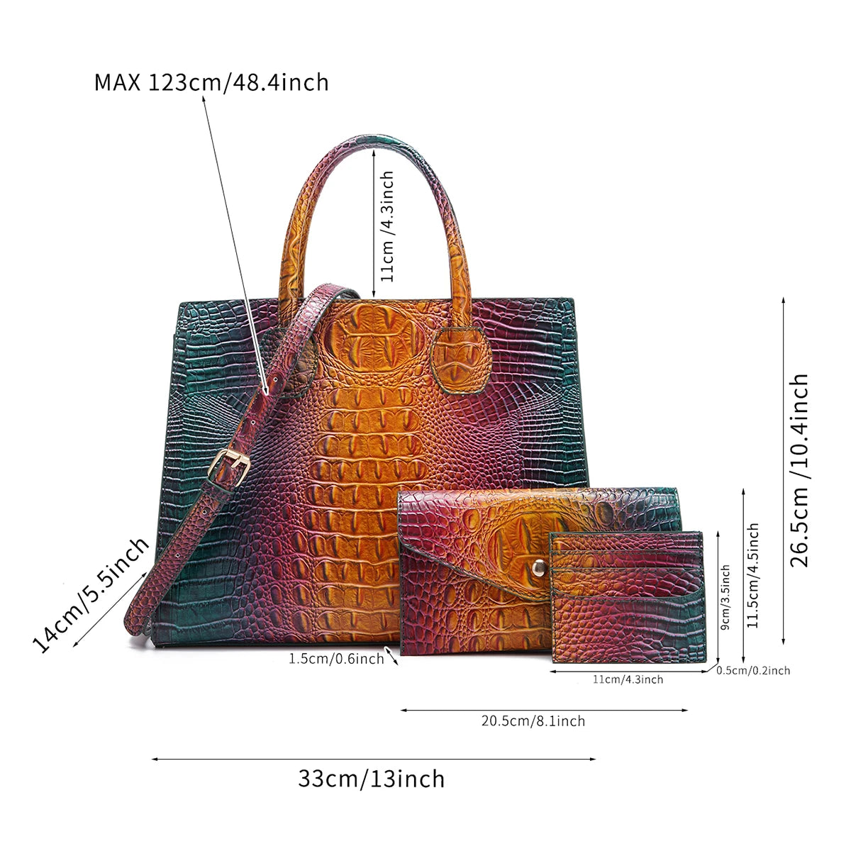 3 Pcs Crocodile Pattern Handbag & Purses Set, Multi-functional Vintage Top Handle Crossbody Bag & Business Clutch Bag & Card Coi
