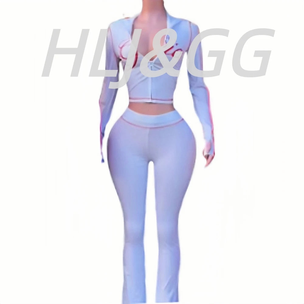 HLJ Fashion Ins Letter Print Hooded Two Piece Sets Women Zipper Long Sleeve Crop Top And Skinny Pants Outfit Y2K 2pcs Streetwear